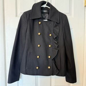 DKNY Black Pea Coat with Gold Buttons